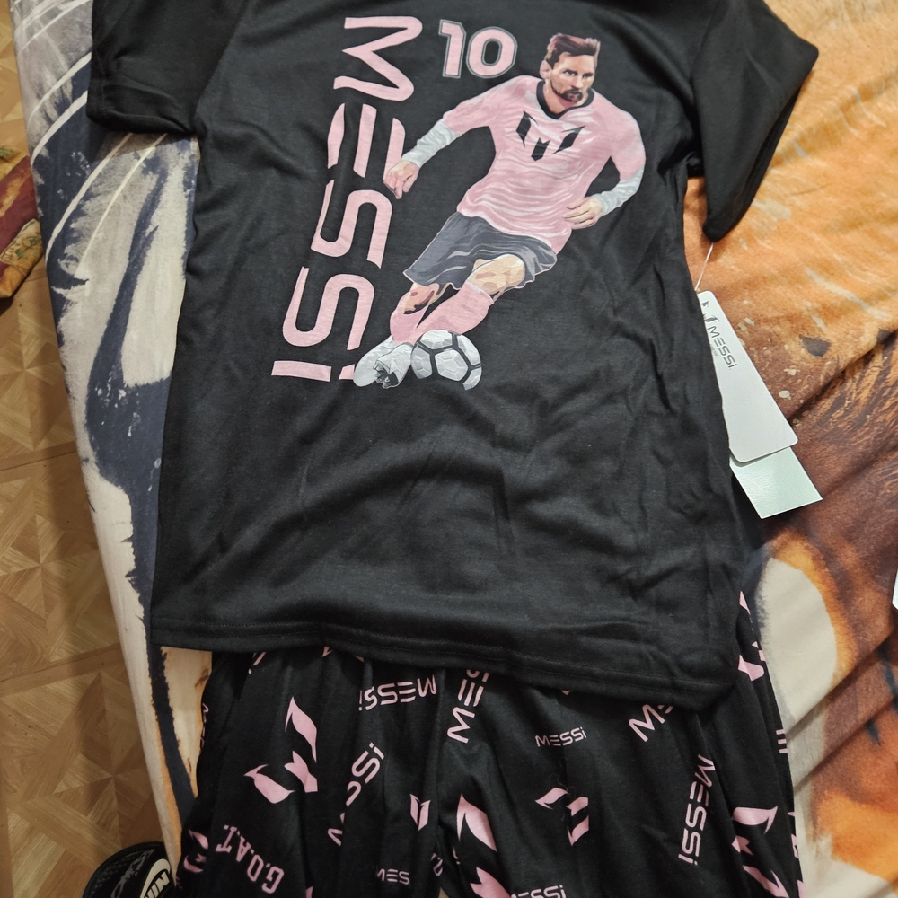 Black and Pink Messi Graphic T-Shirt and Shorts Set
